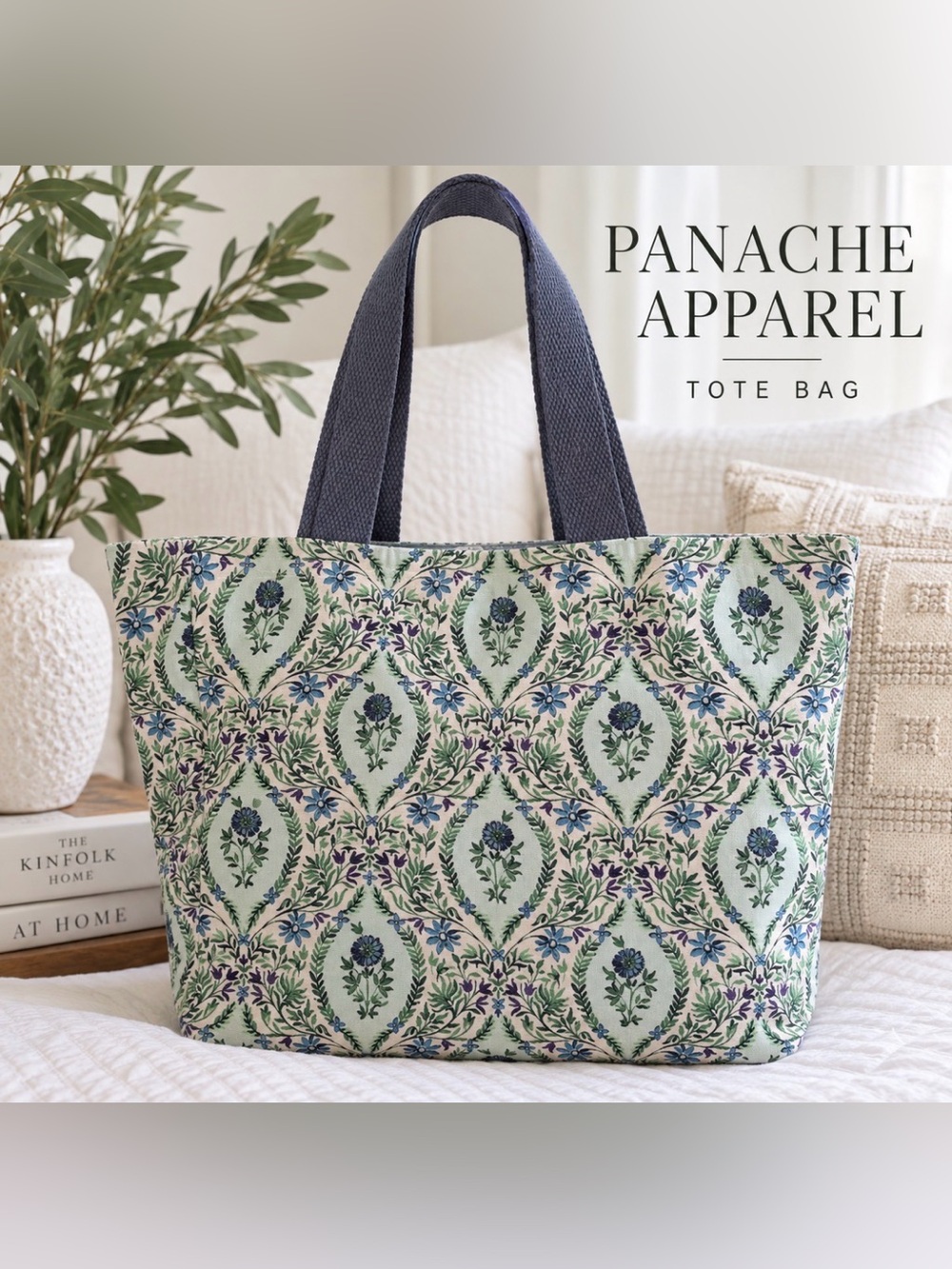 Floral Botanical Canvas Tote Bag Blue Green Purple Cottagecore Shoulder Bag